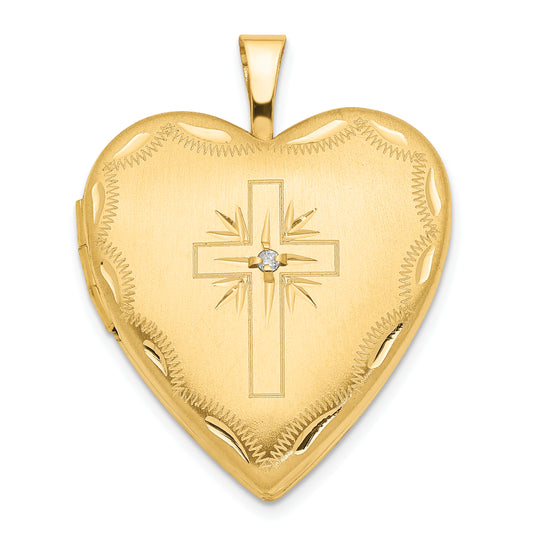 14k Yellow Gold 14ky 20mm Diamond Satin & D/C Cross Heart Locket