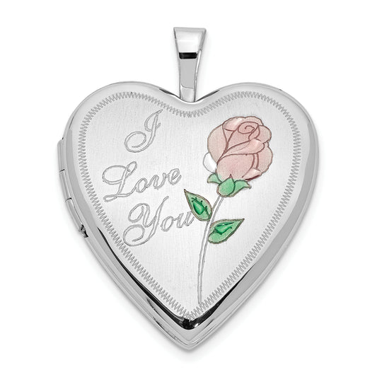 14k White Gold 14K 20mm White Gold Enamel Rose I LOVE YOU Heart Locket