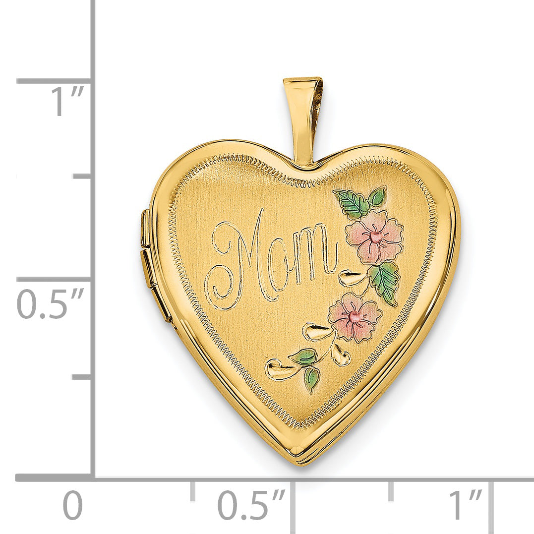 14k Yellow Gold 14ky 20mm Enameled Floral MOM Heart Locket