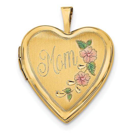 14k Yellow Gold 14ky 20mm Enameled Floral MOM Heart Locket