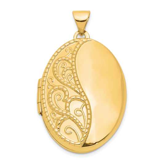 14k Yellow Gold 14ky 26mm Oval 1/2 Hand Engraved Locket