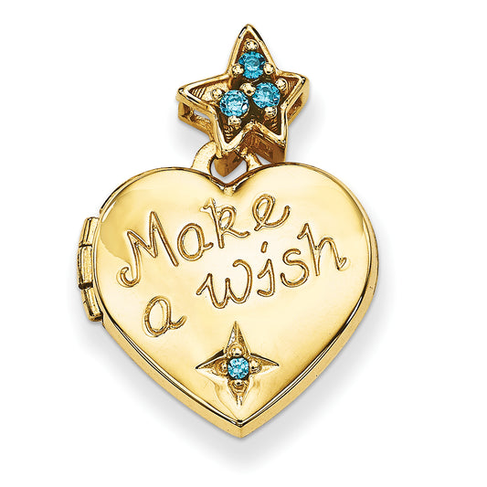 14k Yellow Gold 14k Blue CZ Make a Wish (Charm Inside Locket) 15mm Heart Locket