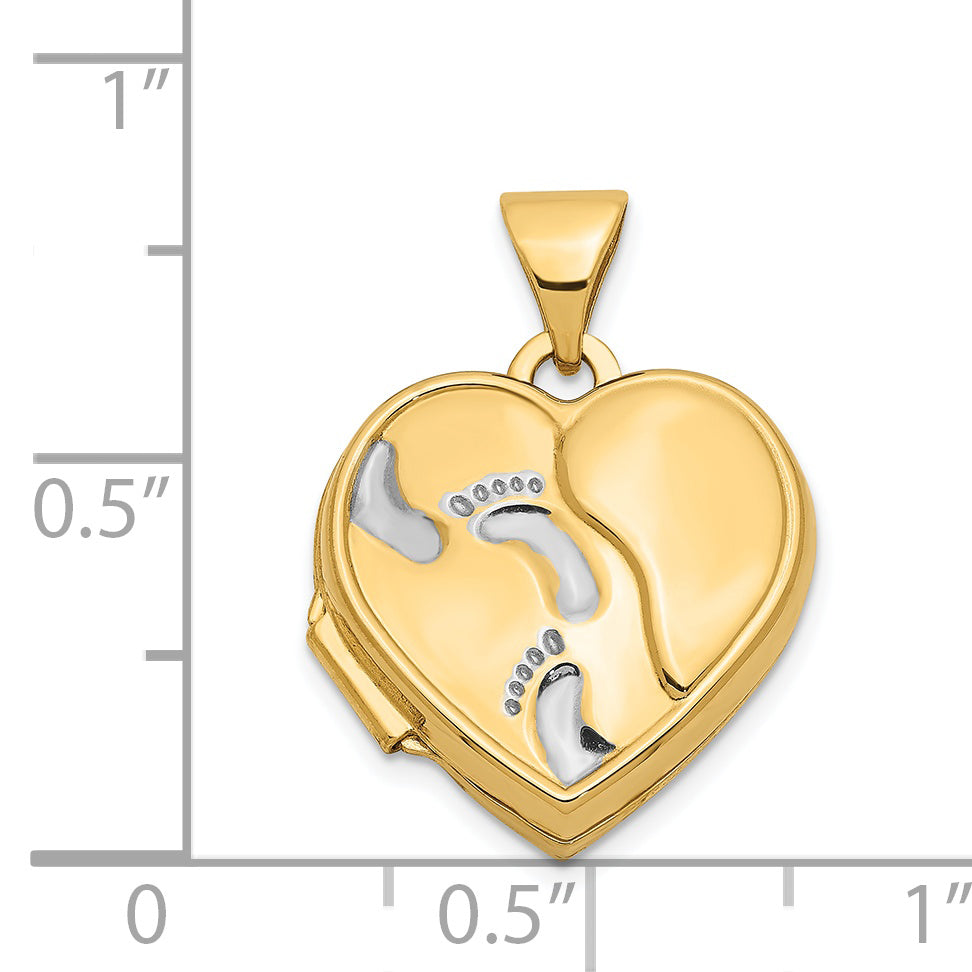 14k Yellow & Rhodium 14ky w/ White Rhodium 15mm Heart Foot Prints Locket