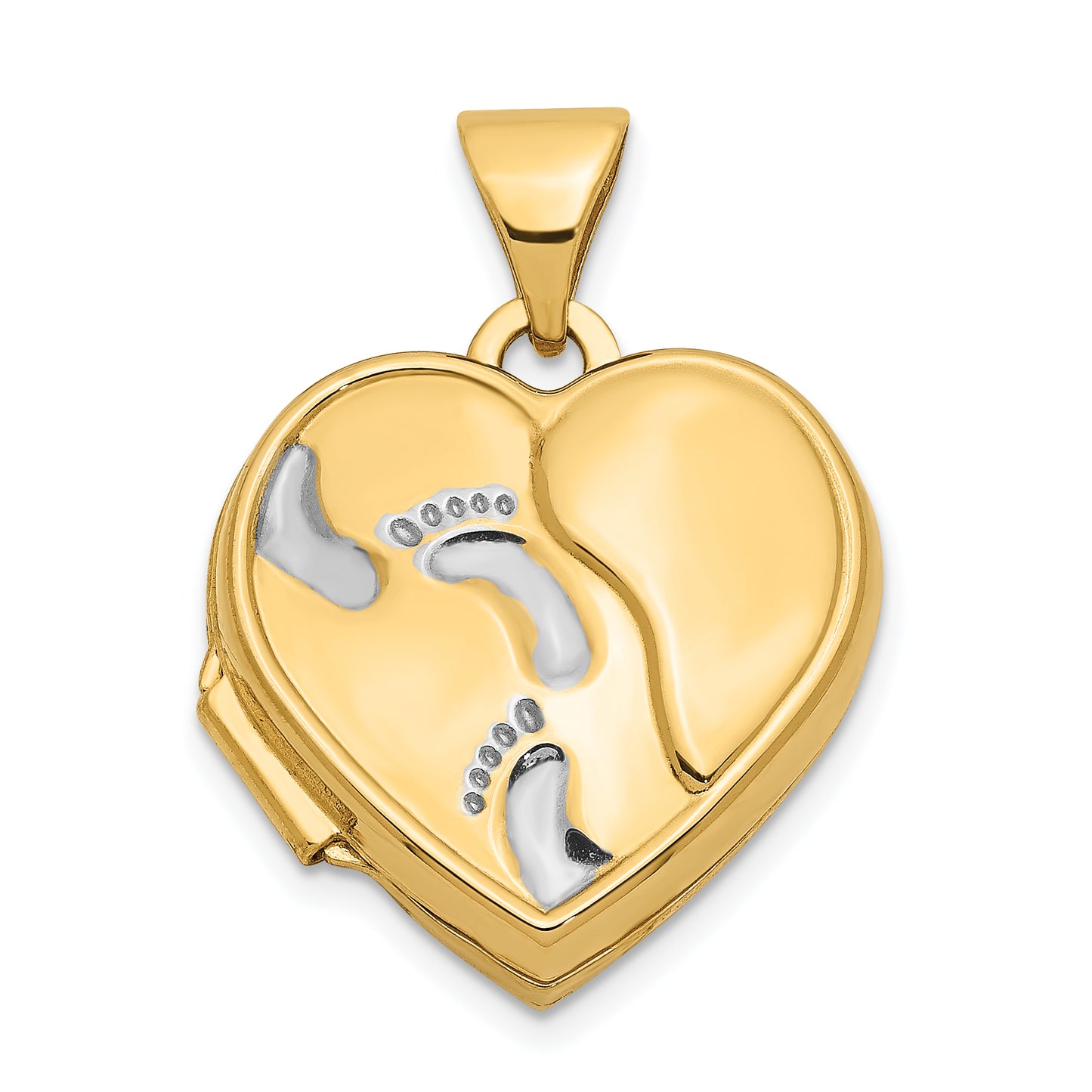 14k Yellow & Rhodium 14ky w/ White Rhodium 15mm Heart Foot Prints Locket