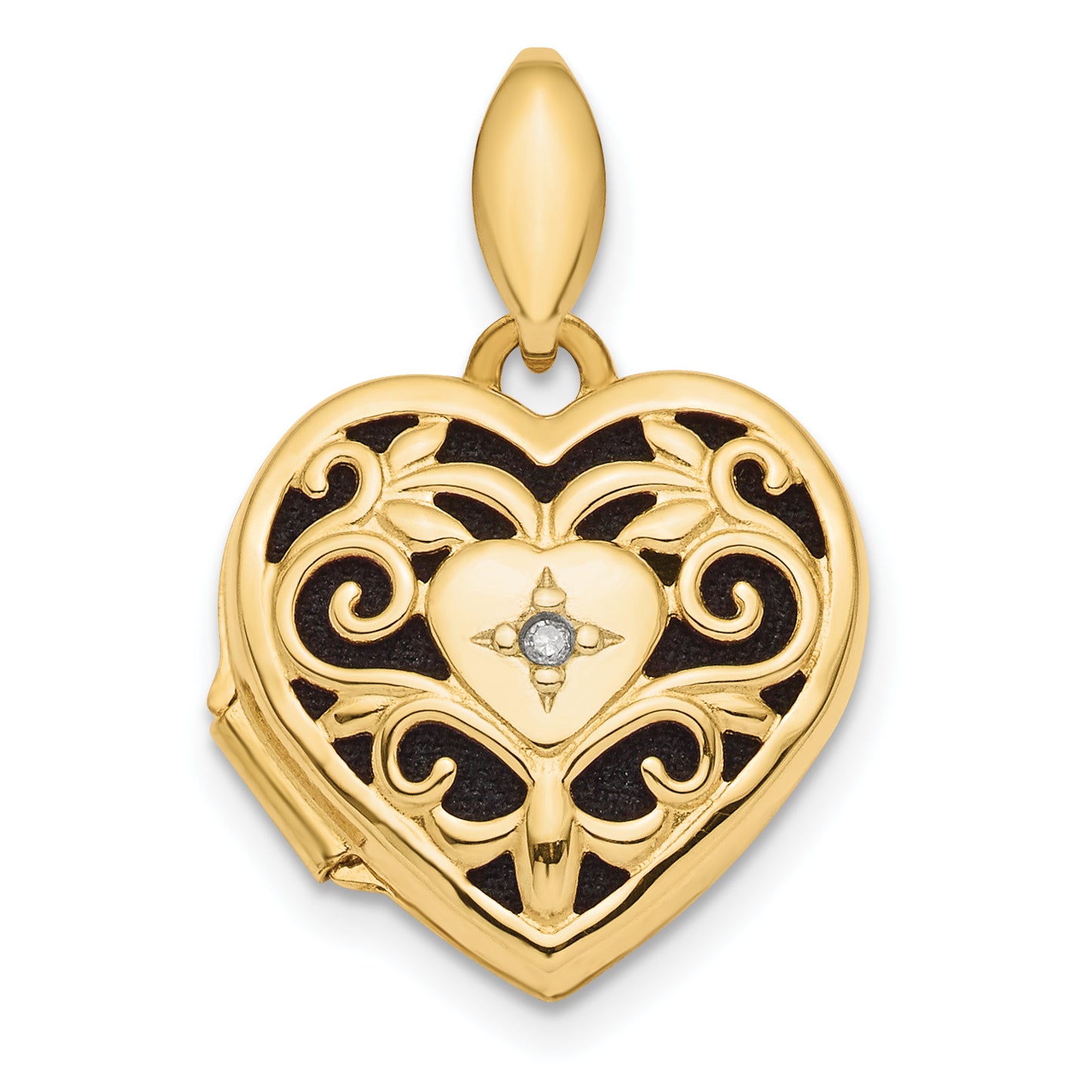 14k Yellow Gold 14k Polished Filigree w/ Black Fabric Diamond Heart Locket