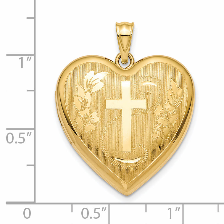 14k Yellow Gold 14k Textured & D/C Floral Cross Ash Holder Heart Locket