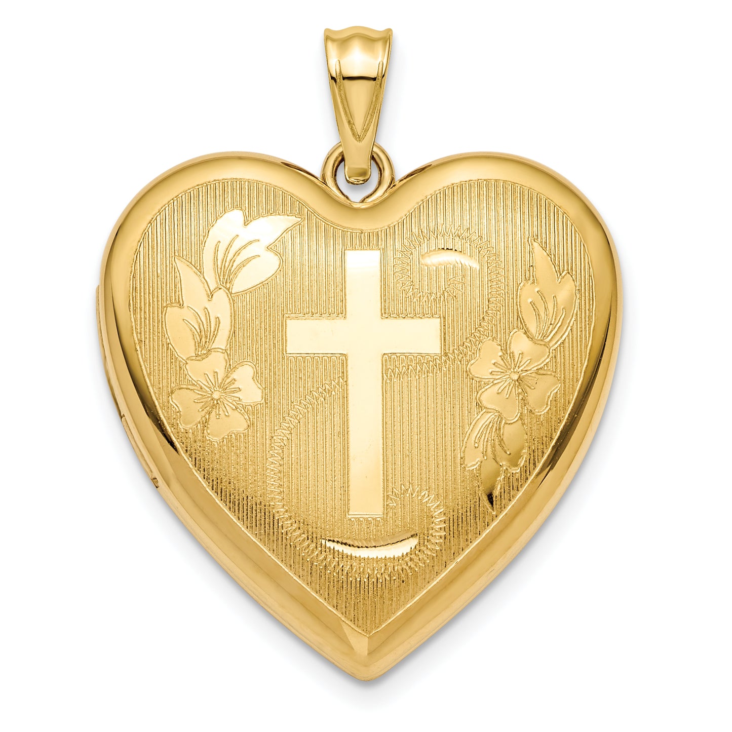 14k Yellow Gold 14k Textured & D/C Floral Cross Ash Holder Heart Locket