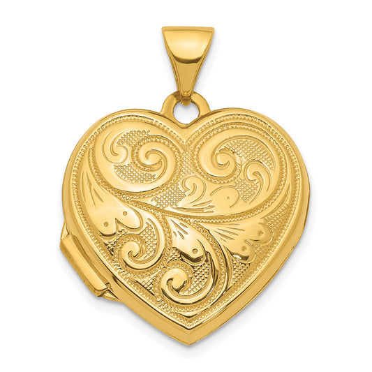 14k Yellow Gold 14ky 19mm Scroll Design Reversible Heart Locket Pendant