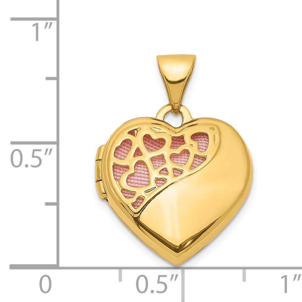 14k Yellow Gold 14K Hearts Cut Out 16mm w/Pink Fabric Heart Locket Pendant