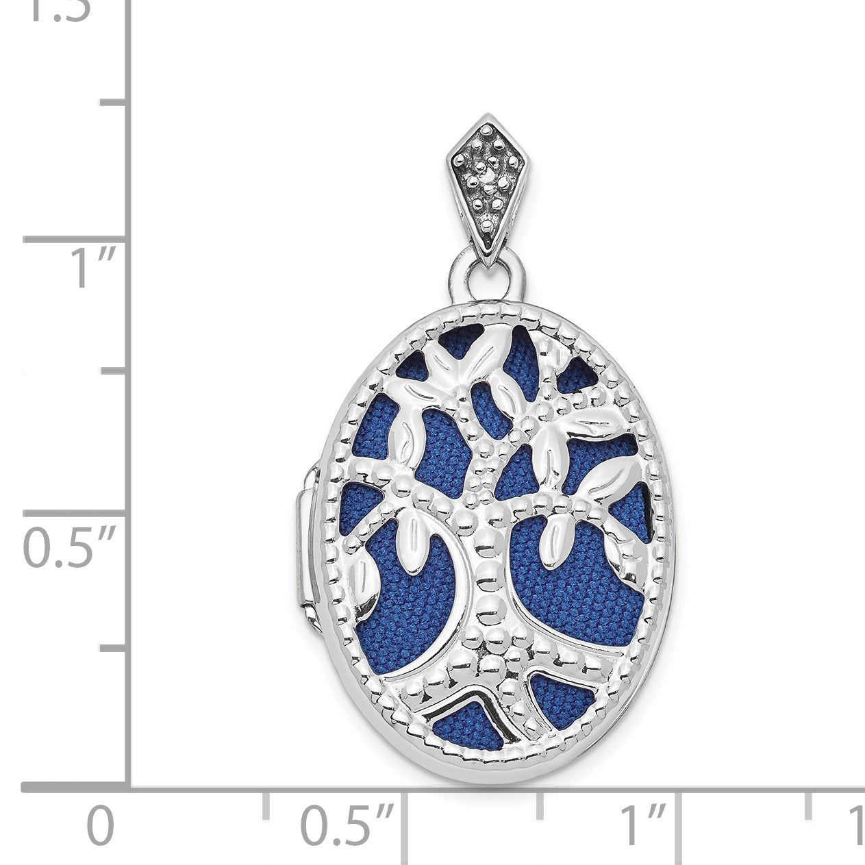 14k White Gold 14K White Gold Diamond Tree 23mm Blue Fabric Locket Pendant