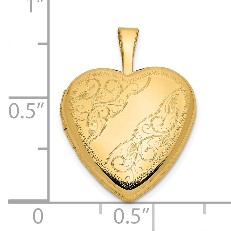 14k Yellow Gold 14ky 16mm Leaf and Scroll Heart Locket