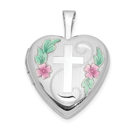 14k White Gold 14k White Gold 16mm with Enamel Floral Cross Heart Locket