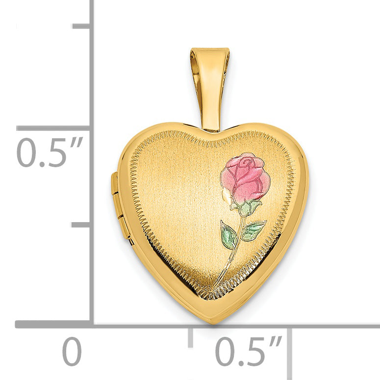 14k Yellow Gold 14k 12mm Satin with Enamel Rose Heart Locket