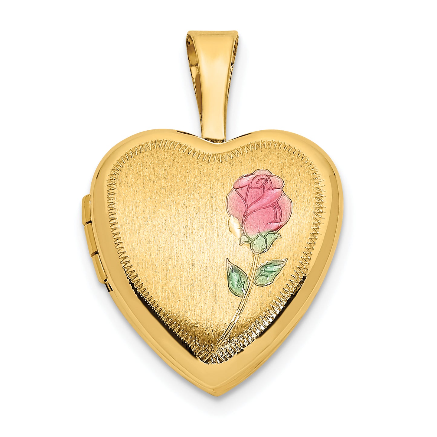 14k Yellow Gold 14k 12mm Satin with Enamel Rose Heart Locket