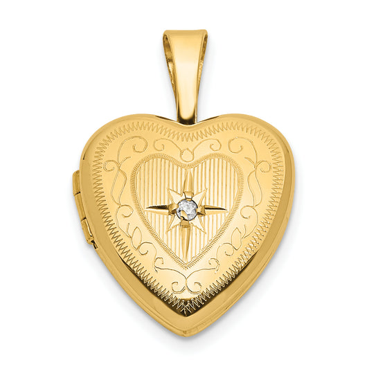 14k Yellow Gold 14ky 12mm with .01ct. Diamond Star Heart Locket