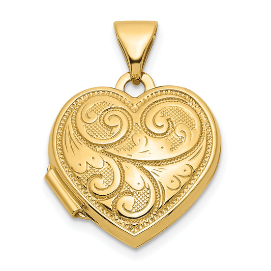 14k Yellow Gold 14ky Reversible Swirl Design 15mm Heart Locket