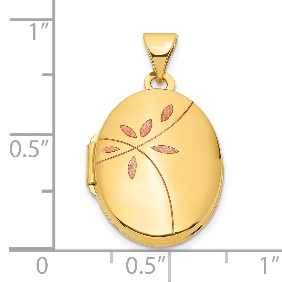 14k Yellow Gold 14ky Enamel Leaves 19mm Oval Locket