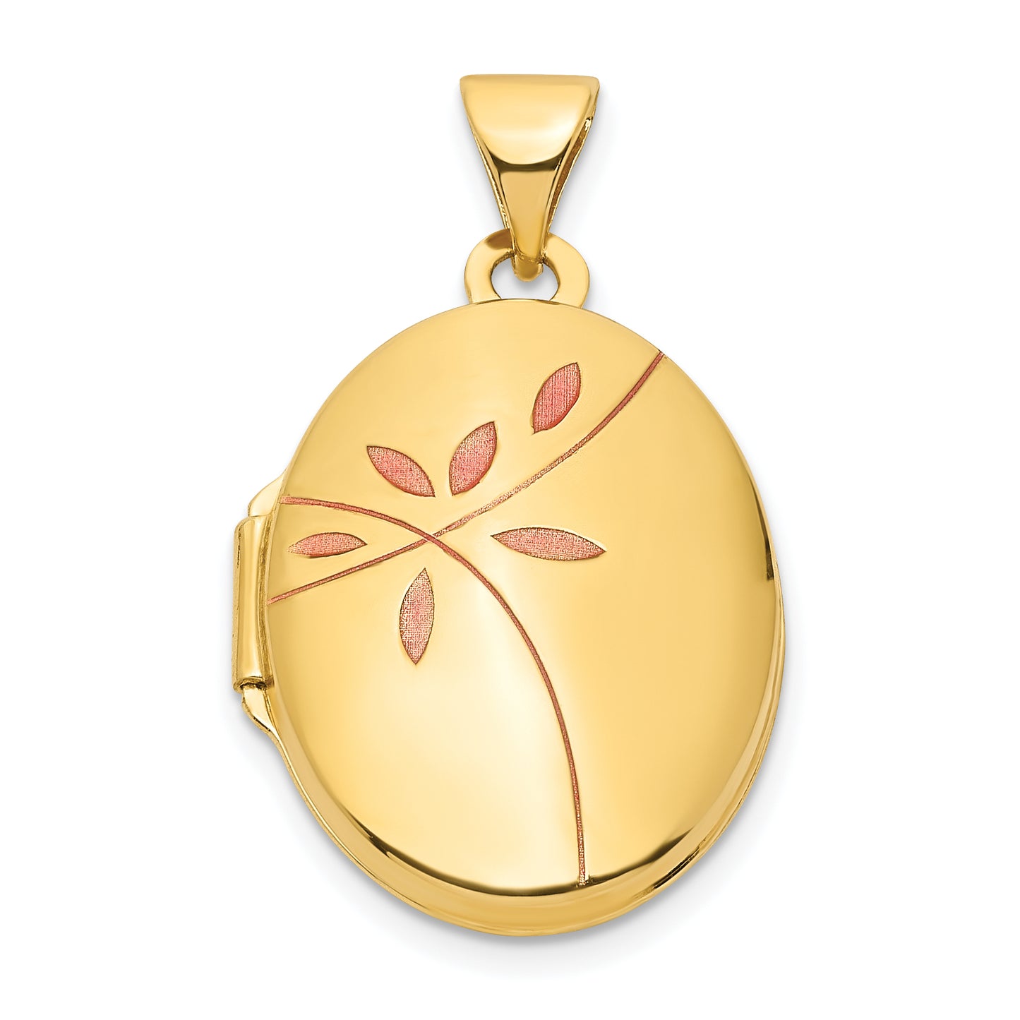 14k Yellow Gold 14ky Enamel Leaves 19mm Oval Locket