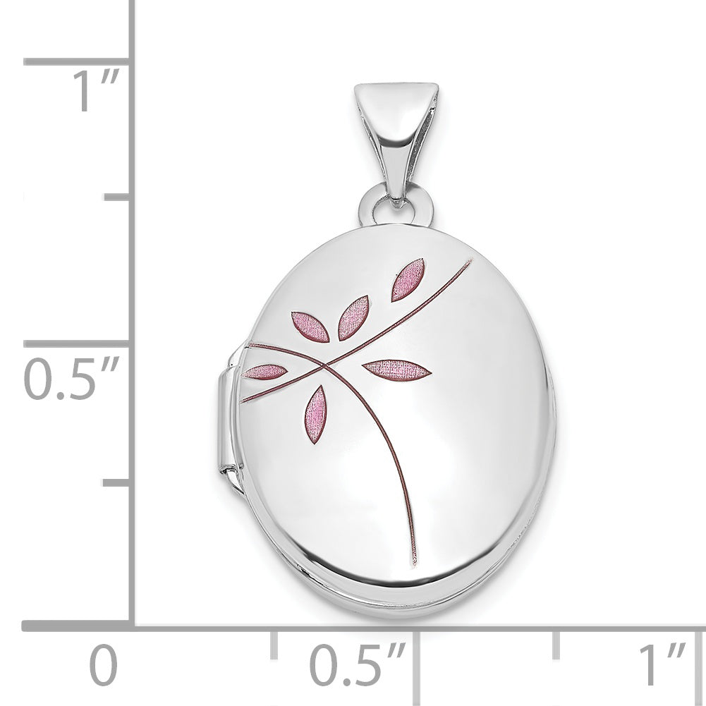 14k White Gold 14k White Gold Enamel Leaves 19mm Oval Locket