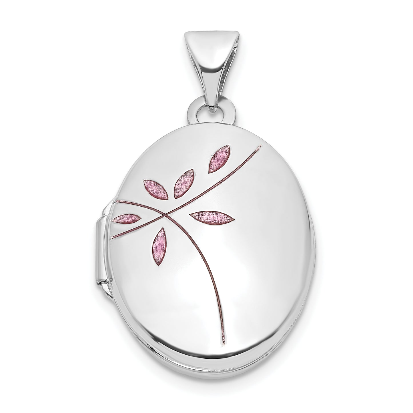 14k White Gold 14k White Gold Enamel Leaves 19mm Oval Locket