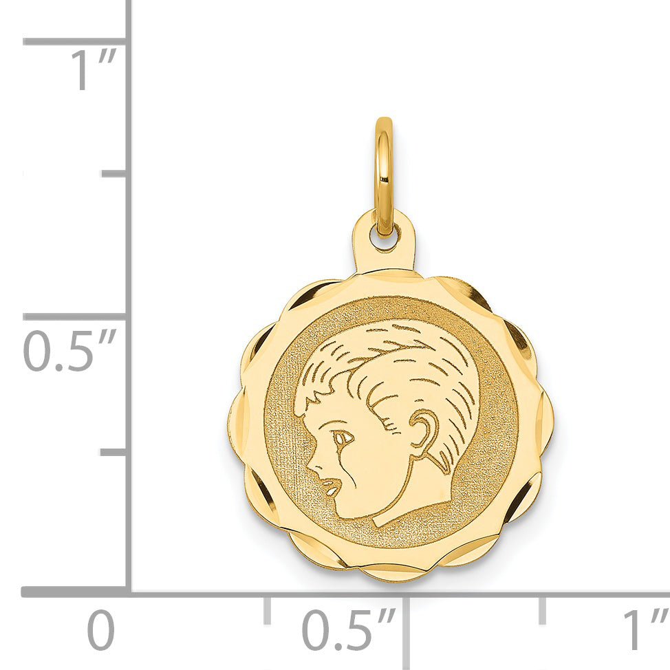 14k Yellow Gold 14k Boy Head on .013 Gauge Engravable Scalloped Disc Charm