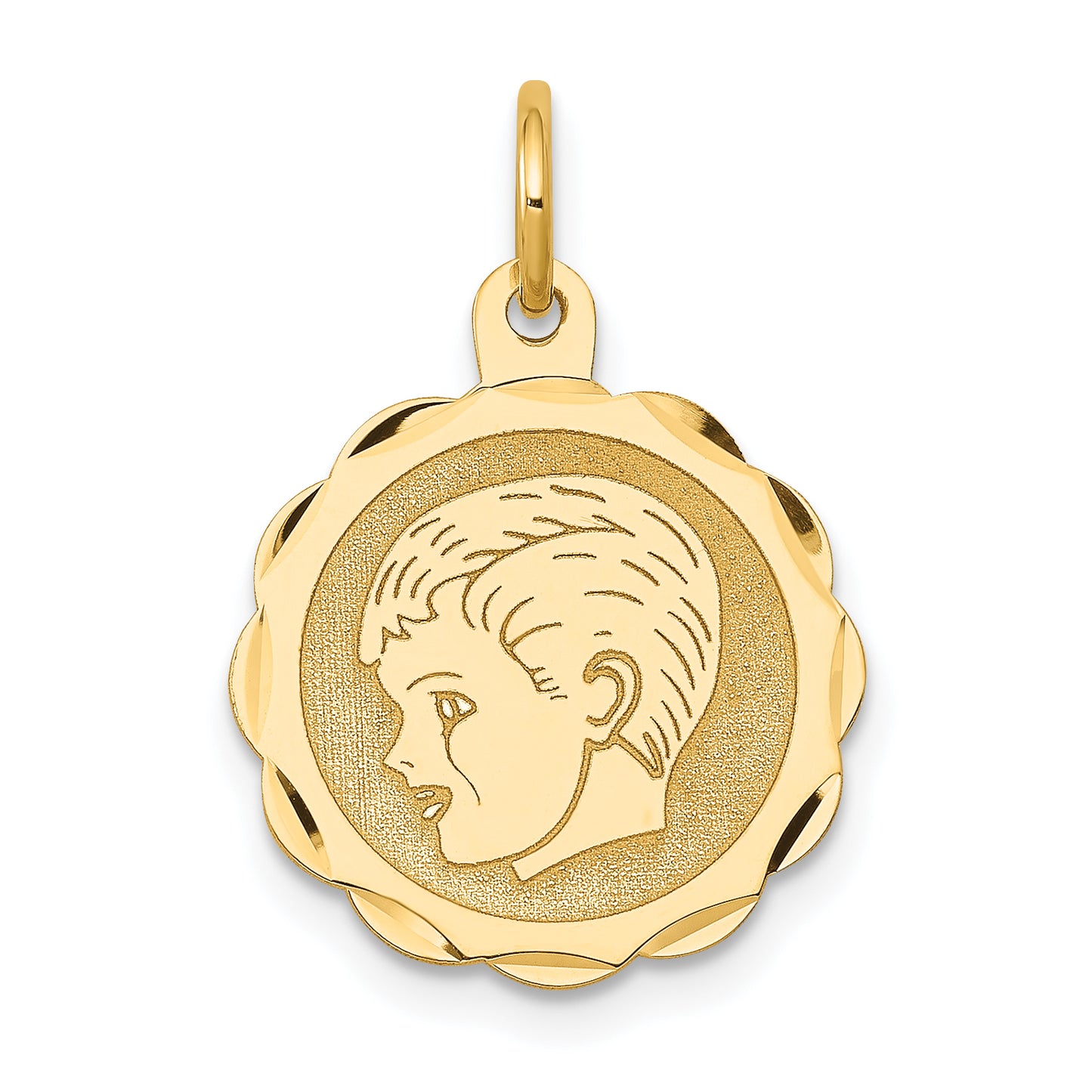 14k Yellow Gold 14k Boy Head on .013 Gauge Engravable Scalloped Disc Charm