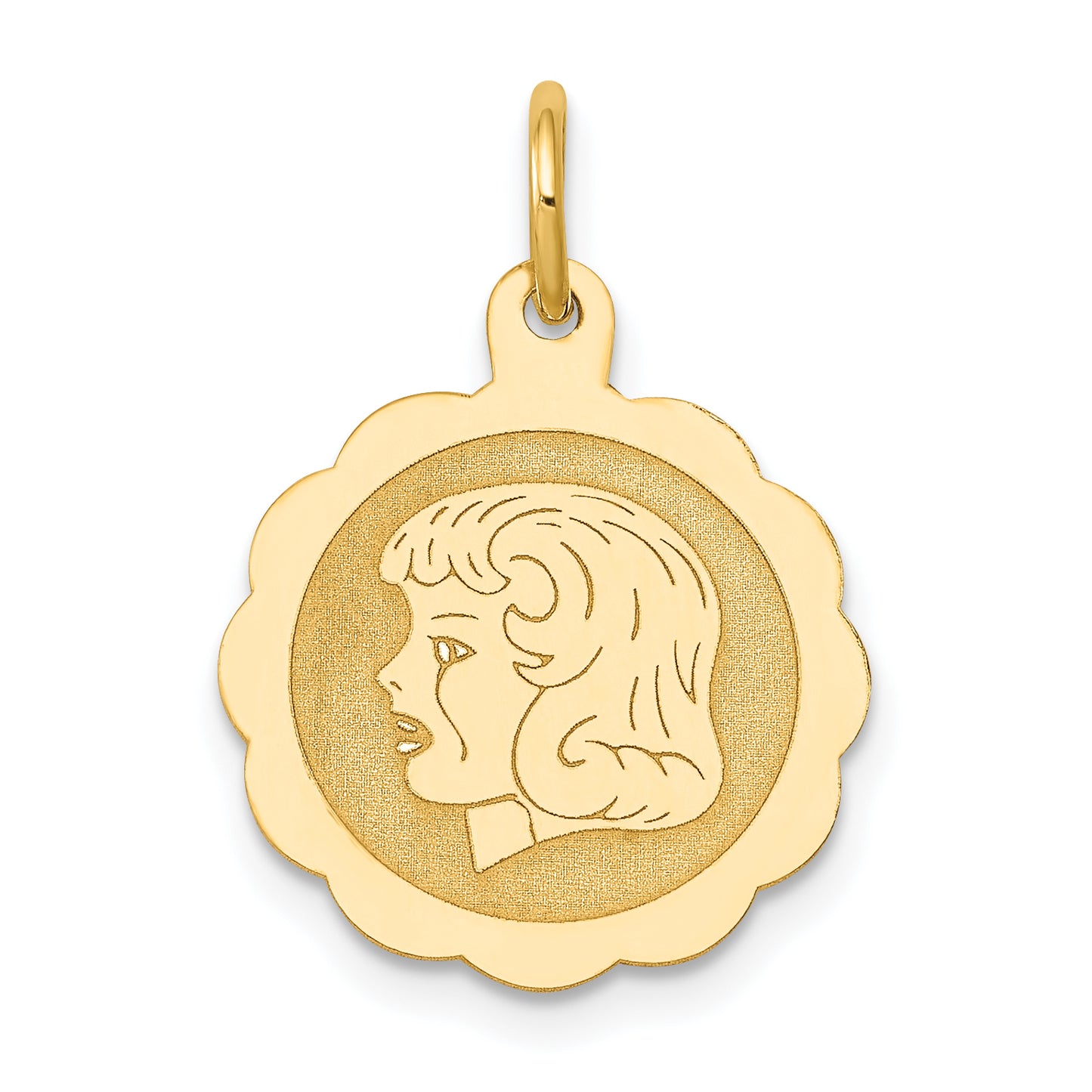 14k Yellow Gold 14k Girl Head on .013 Gauge Engravable Scalloped Disc Charm