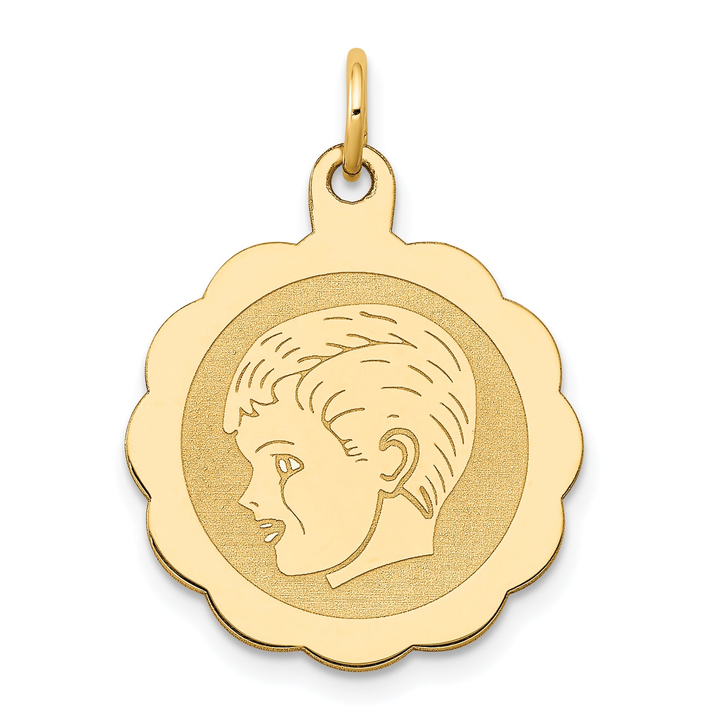 14k Yellow Gold 14k Boy Head on .013 Gauge Engravable Scalloped Disc Charm