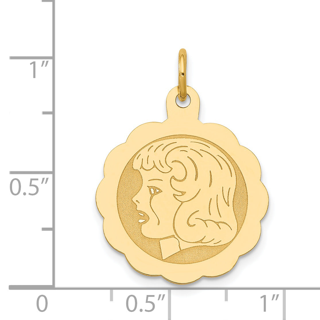 14k Yellow Gold 14k Girl Head on .013 Gauge Engravable Scalloped Disc Charm