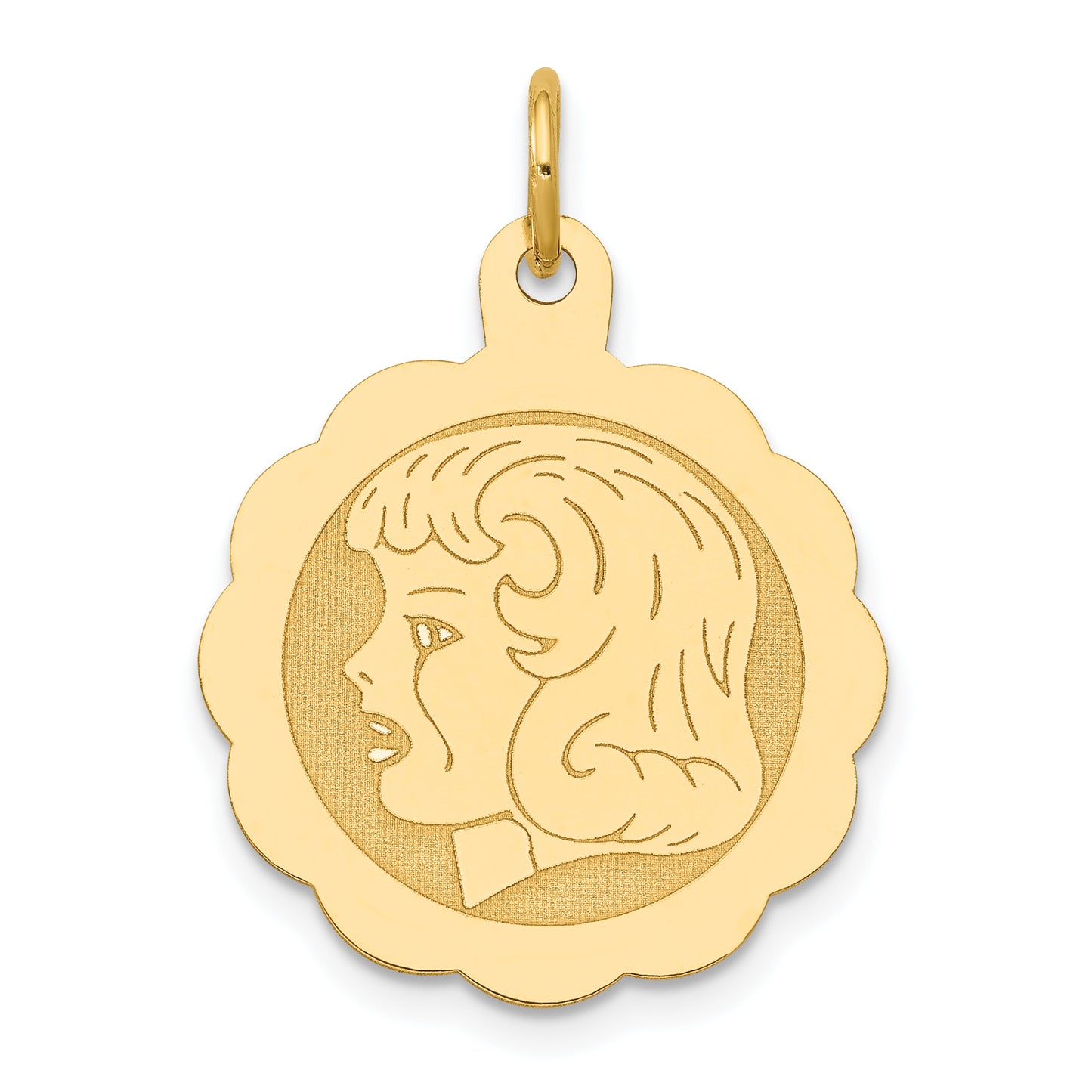 14k Yellow Gold 14k Girl Head on .013 Gauge Engravable Scalloped Disc Charm