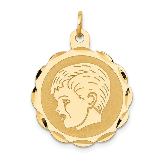 14k Yellow Gold 14k Boy Head on .011 Gauge Engravable Scalloped Disc Charm