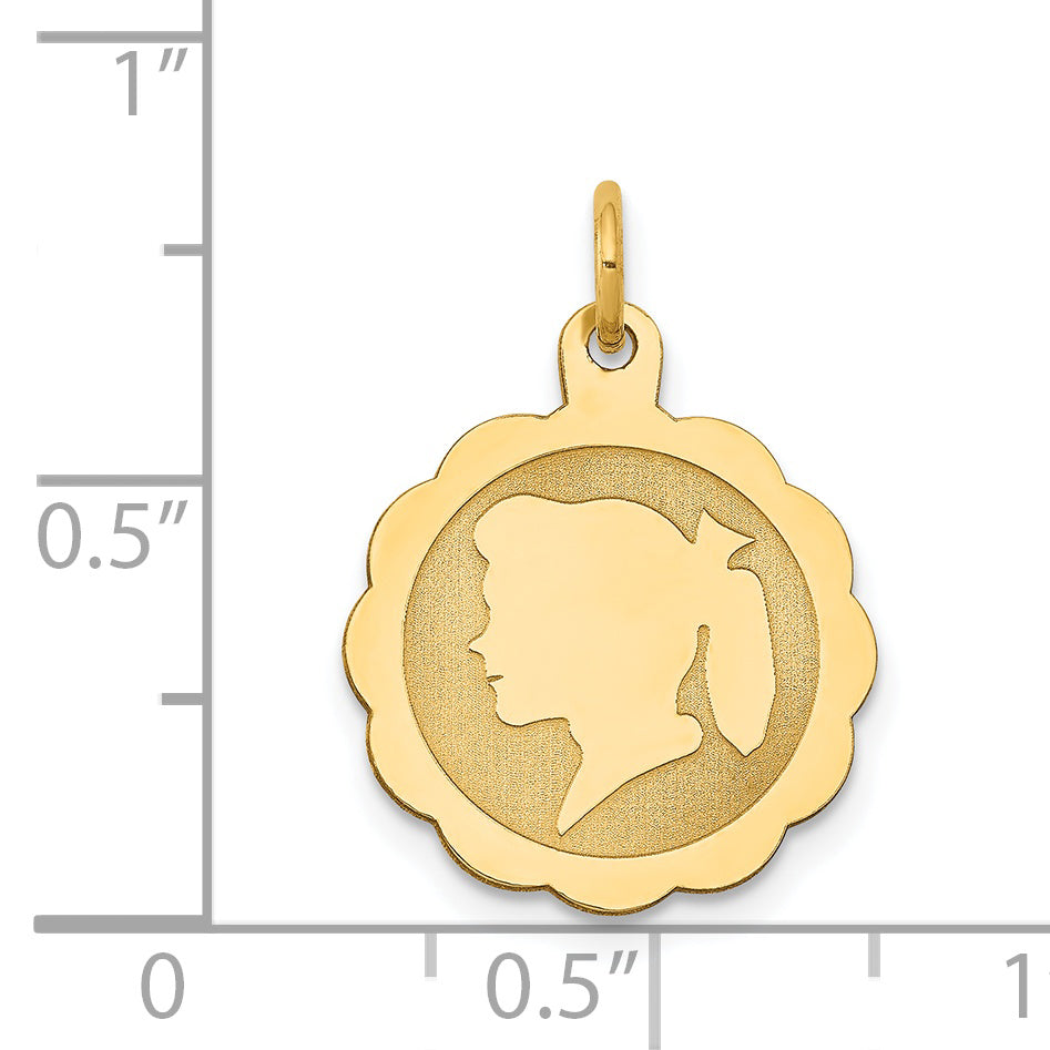 14k Yellow Gold 14k Girl Head on .018 Gauge Engravable Scalloped Disc Charm