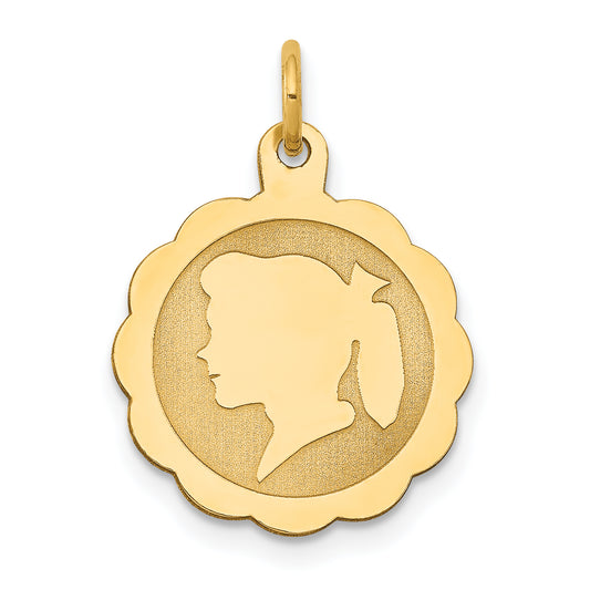 14k Yellow Gold 14k Girl Head on .013 Gauge Engravable Scalloped Disc Charm