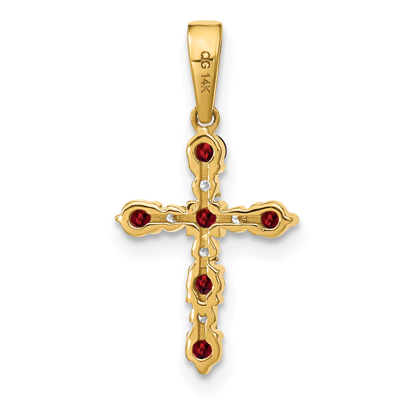 14k Yellow Gold 14k Garnet and Diamond Cross Pendant