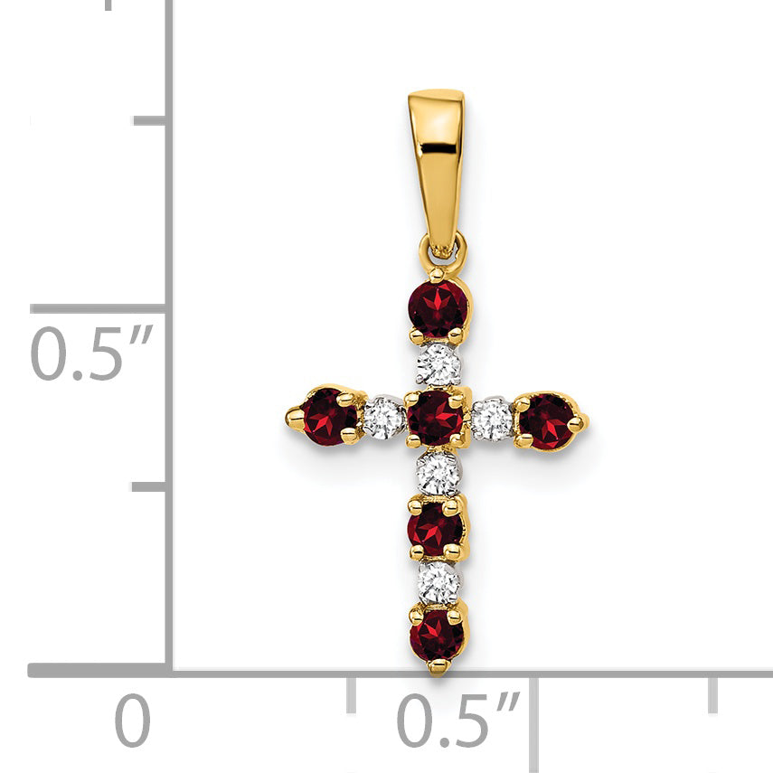 14k Yellow Gold 14k Garnet and Diamond Cross Pendant