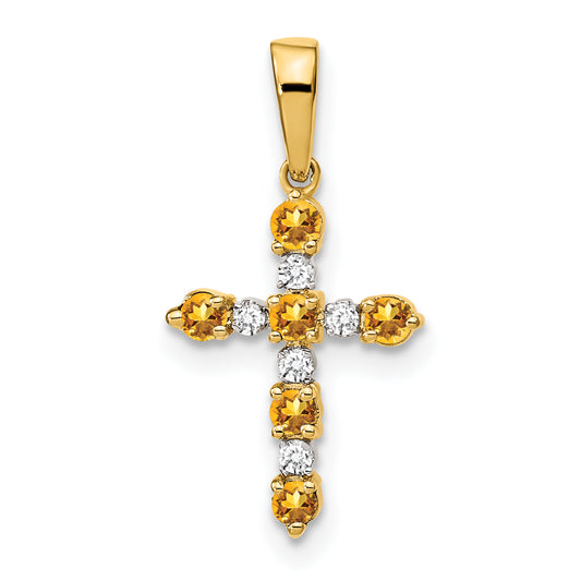 14k Yellow Gold 14k Citrine and Diamond Cross Pendant