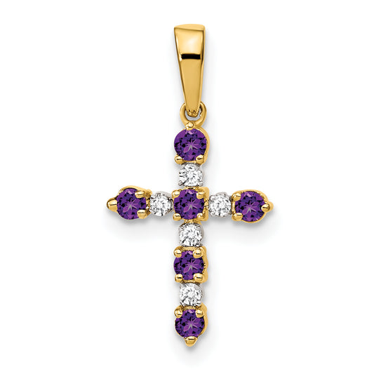 14k Yellow Gold 14k Amethyst and Diamond Cross Pendant