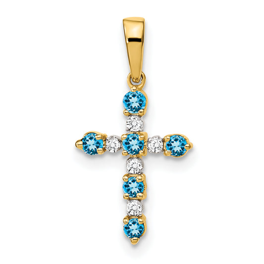 14k Yellow Gold 14k Blue Topaz and Diamond Cross Pendant