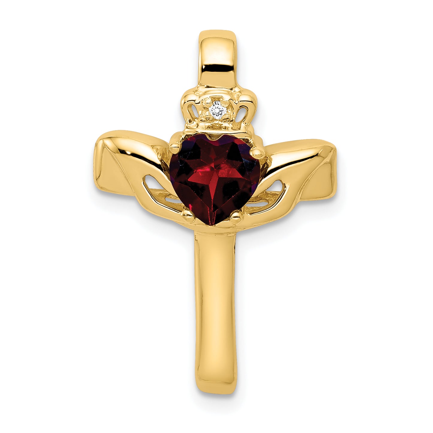 14k Yellow Gold 14k Garnet & AA Diamond Claddagh Cross Pendant