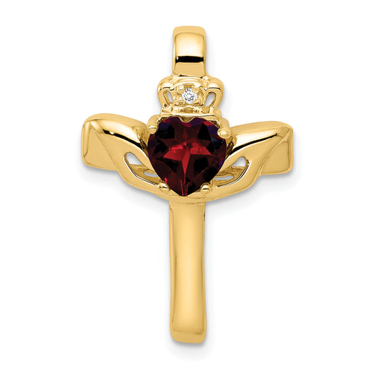 14k Yellow Gold 14k Garnet & AA Diamond Claddagh Cross Pendant