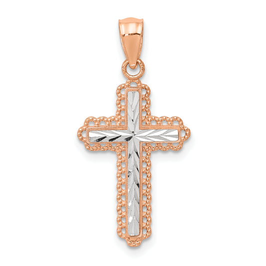 14k Rose Gold 14k Rose Gold Rhodium Diamond Cut Cross Pendant