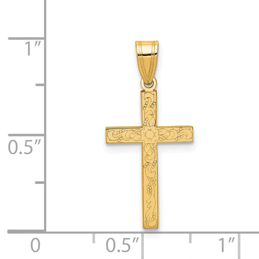 14k Yellow Gold 14k Etched Floral Cross Pendant