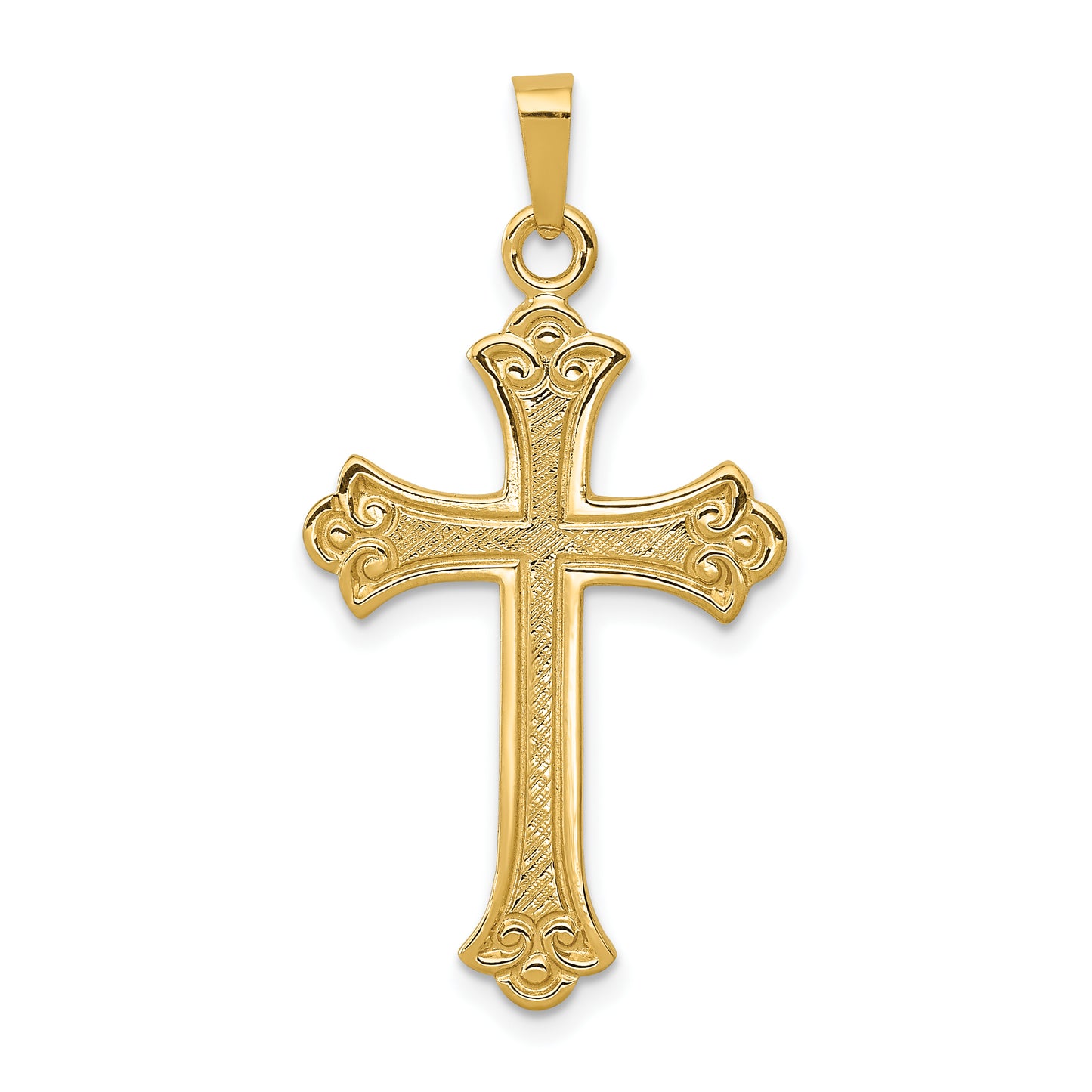 14k Yellow Gold 14k Textured and Polished Fleur de lis Cross Pendant