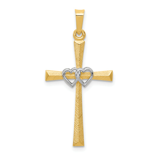 14k Two-tone 14K Two-tone Textured and Polished Latin Cross w/ Hearts Pendant