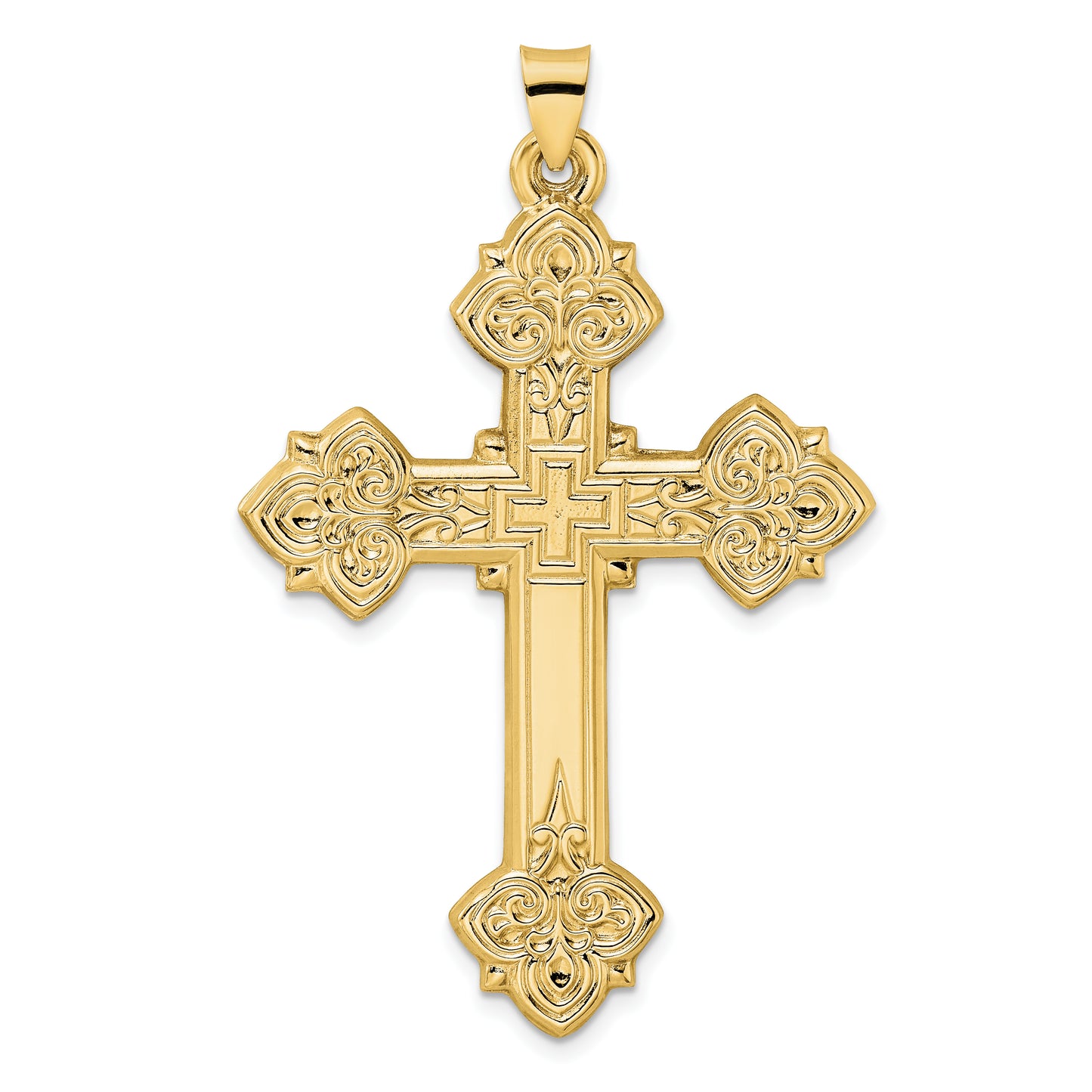 14k Yellow Gold 14k Polished Hollow Fancy Fleur de Lis Cross Pendant