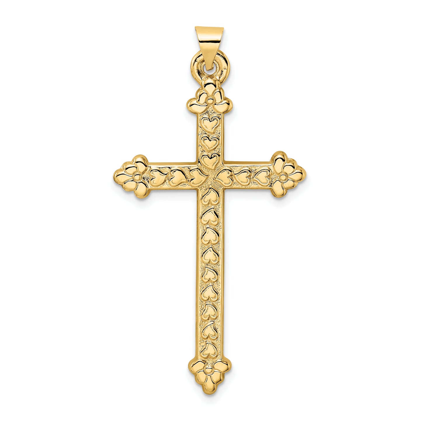 14k Yellow Gold 14k Polished and Textured Hollow Hearts Cross Pendant