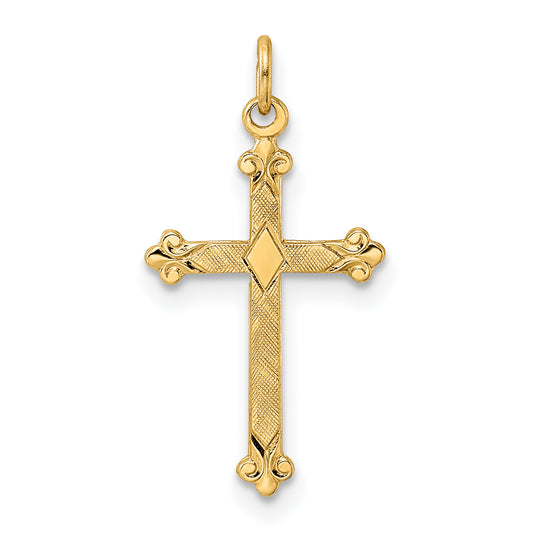 14k Yellow Gold 14k Polished and Textured Solid Diamond Shape Cross Pendant