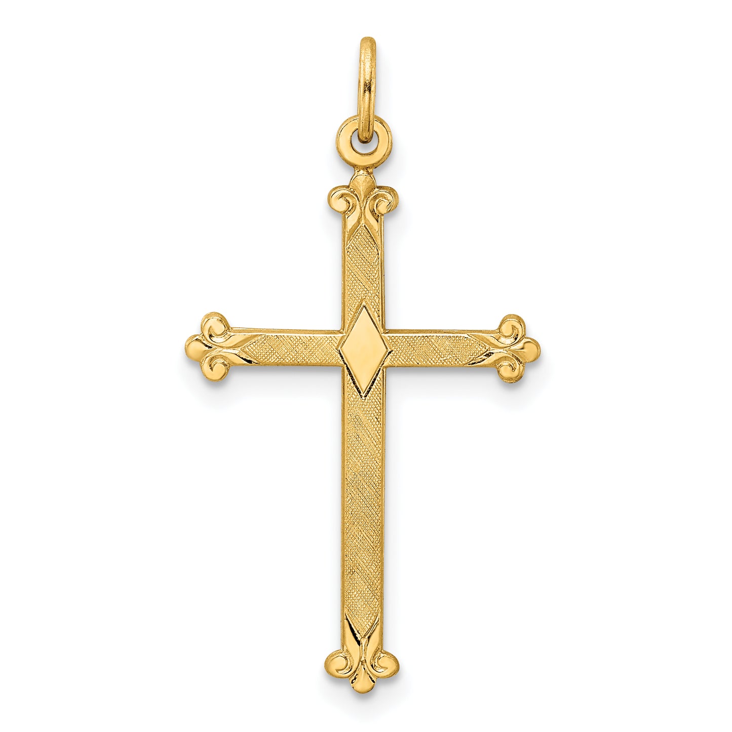 14k Yellow Gold 14k Polished and Textured Solid Diamond Shape Cross Pendant