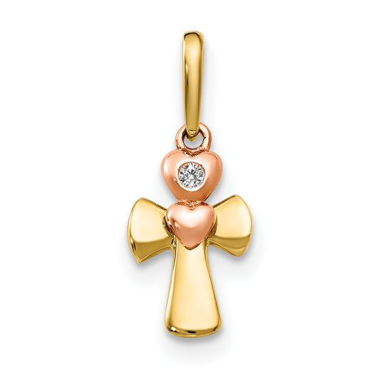 14k Two-tone 14k Yellow and Rose Gold CZ Children's Cross Heart Pendant