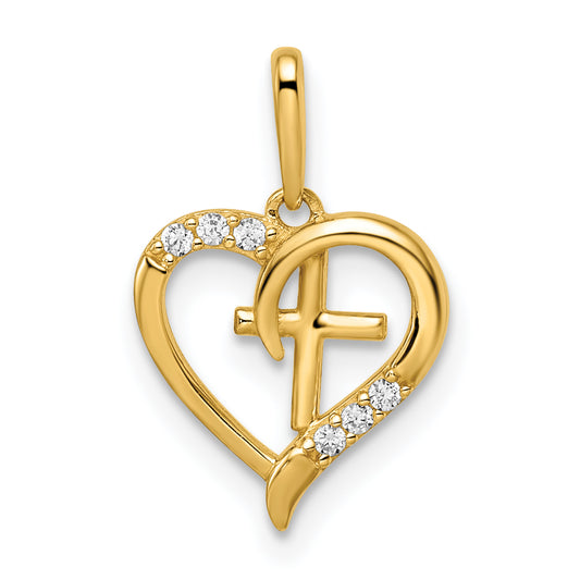 14k Yellow Gold 14k CZ Heart with Cross Pendant